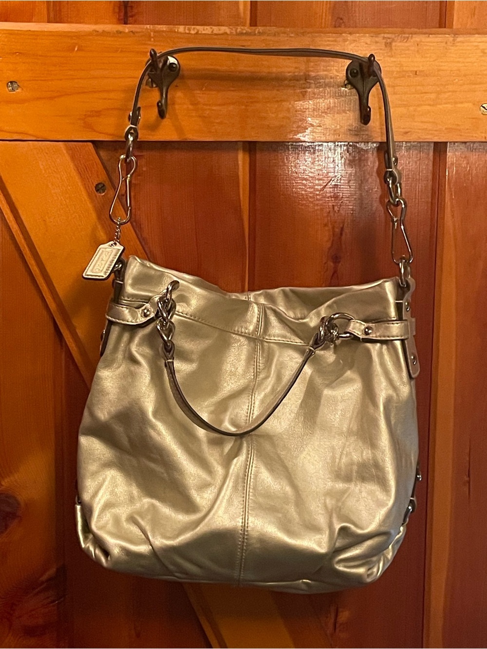 Coach Brooke Metallic Gold/Silver Leather Shoulder Bag. 2 Way Wear Straps + Tag